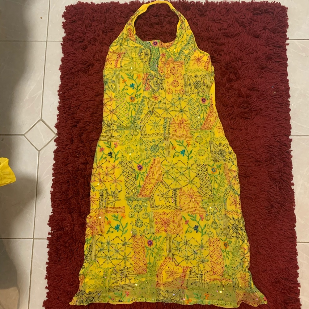 Yellow Halter Salwar Kameez w/ Colorful Embroidery